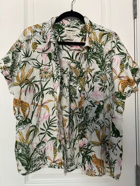 100% Linen Rachel Zoe Tropical Print Short-Sleeve Button-Up Shirt - Green/White